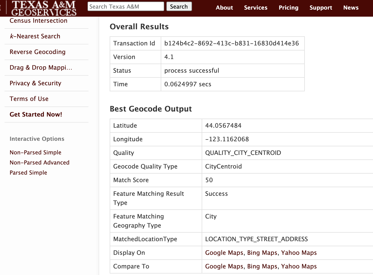 Results from Texas A&M interactive geocoder