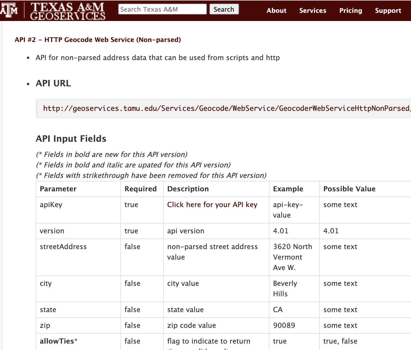 TAMU Geocoding Web API description